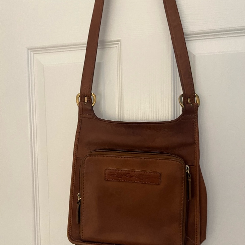 Fossil Brown Leather Crossbody Bag Front Zip Pocket Key Charm - Picture 2 of 3